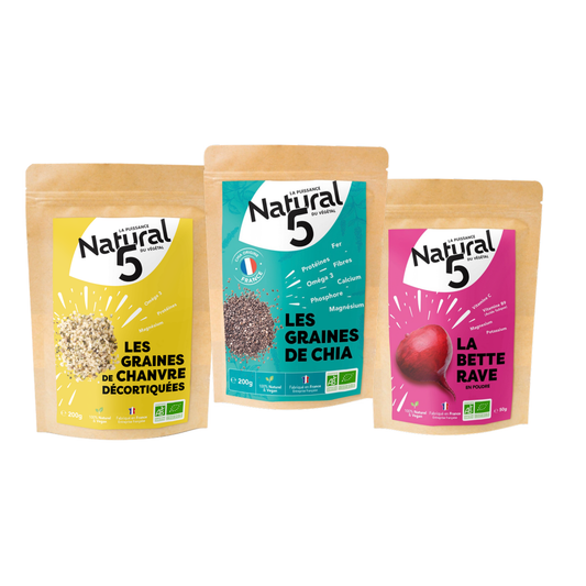 Pack Tension bio Natural5 : graines de chia, betterave en poudre et graines de chanvre décortiquées