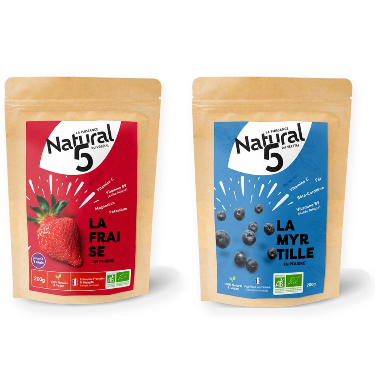 Duo Sucrant Naturel Santé Natural5 : poudre de fraise bio 200 g et poudre de myrtille bio 200 g