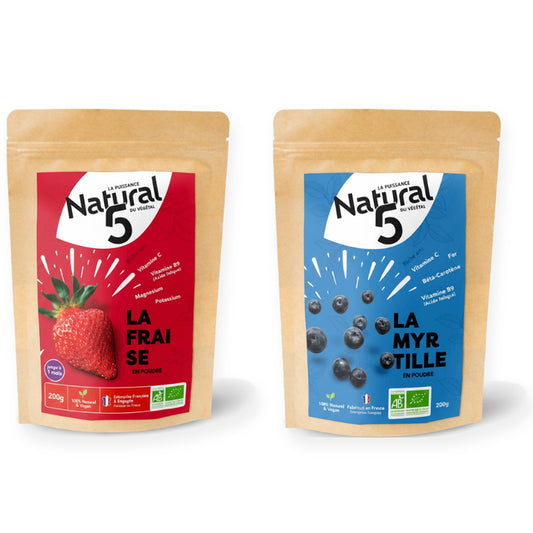 Duo Sucrant Naturel Santé Natural5 : poudre de fraise bio 200 g et poudre de myrtille bio 200 g